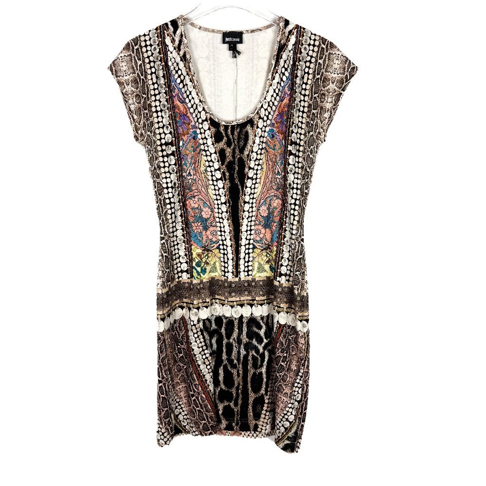 Just Cavalli Mixed Print Cap Sleeve Scoopneck Bodycon Mini Dress Size Medium M
